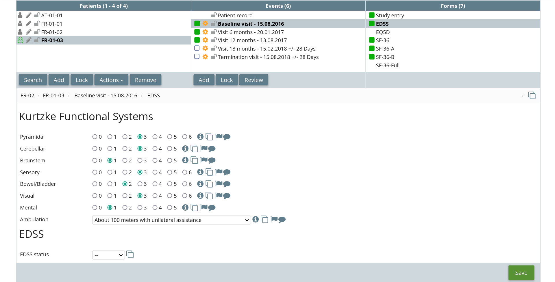 CRF form CRF form displaying the data input